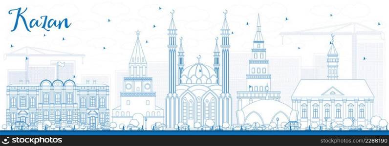 Outline Kazan Skyline with Blue Buildings. Vector Illustration. Business Travel and Tourism Concept with Historic Architecture. Image for Presentation Banner Placard and Web Site.