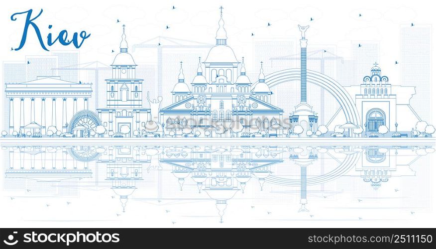 Outline Kiev skyline with blue buildings and reflections. Vector illustration. Business travel and tourism concept with place for text. Image for presentation, banner, placard and web site.