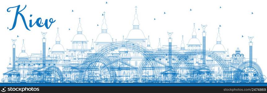 Outline Kiev skyline with blue landmarks. Vector illustration. Business travel and tourism concept with historic buildings. Image for presentation, banner, placard and web site.