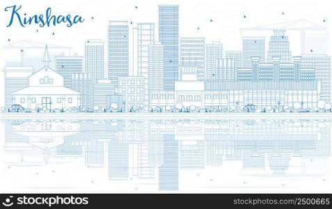 Outline Kinshasa Skyline with Blue Buildings and Reflections. Vector Illustration. Business Travel and Tourism Concept with Historic Architecture. Image for Presentation Banner Placard and Web Site.
