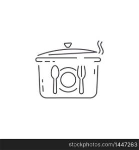Outline kitchen pan icon with a plate, spoon and fork shape element. Editable stroke line for motion graphics in vector illustration.