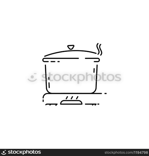 Outline kitchen pan icon with cook gas stove turned on. Editable stroke line for motion graphics in vector illustration.
