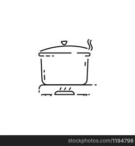 Outline kitchen pan icon with cook gas stove turned on. Editable stroke line for motion graphics in vector illustration.