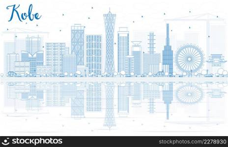 Outline Kobe Skyline with Blue Buildings and Reflections. Vector Illustration. Business and Tourism Concept with Modern Buildings. Image for Presentation, Banner, Placard or Web Site.