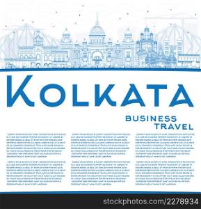 Outline Kolkata Skyline with Blue Landmarks and Copy Space. Vector Illustration. Business Travel and Tourism Concept with Historic Buildings. Image for Presentation Banner Placard and Web Site.