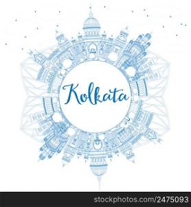 Outline Kolkata Skyline with Blue Landmarks and Copy Space. Vector Illustration. Business Travel and Tourism Concept with Historic Buildings. Image for Presentation Banner Placard and Web Site.