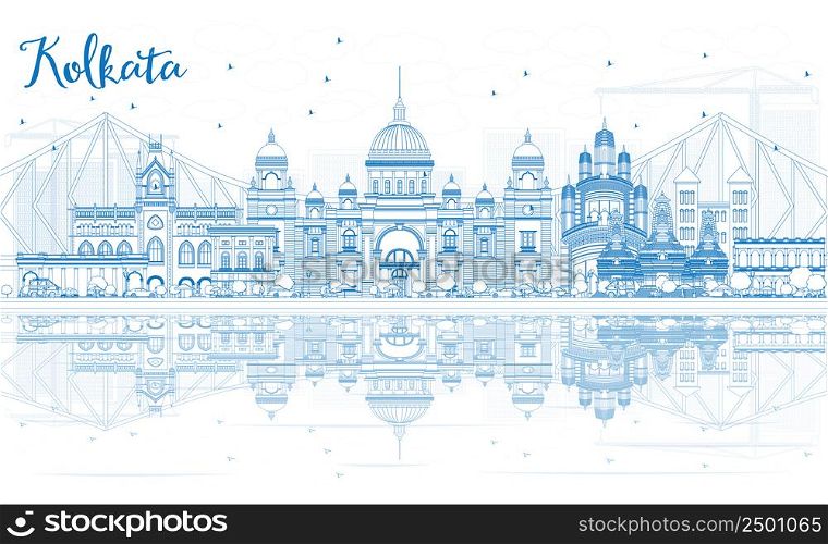 Outline Kolkata Skyline with Blue Landmarks and Reflections. Vector Illustration. Business Travel and Tourism Concept with Historic Buildings. Image for Presentation Banner Placard and Web Site.