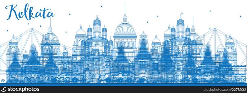 Outline Kolkata Skyline with Blue Landmarks. Vector Illustration. Business Travel and Tourism Concept with Historic Architecture. Image for Presentation Banner Placard and Web Site.