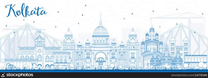 Outline Kolkata Skyline with Blue Landmarks. Vector Illustration. Business Travel and Tourism Concept with Historic Buildings. Image for Presentation Banner Placard and Web Site.