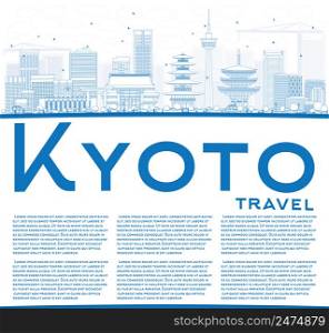 Outline Kyoto Skyline with Blue Landmarks and Copy Space. Vector illustration. Business Travel or Tourism Concept with Modern and Historic Buildings. Image for Presentation Banner Placard and Web Site.
