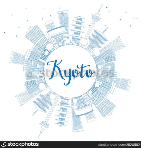 Outline Kyoto Skyline with Blue Landmarks and Copy Space. Vector illustration. Business Travel or Tourism Concept with Modern and Historic Buildings. Image for Presentation Banner Placard and Web Site