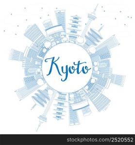Outline Kyoto Skyline with Blue Landmarks and Copy Space. Vector illustration. Business Travel or Tourism Concept with Modern and Historic Buildings. Image for Presentation Banner Placard and Web Site