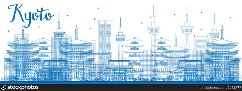 Outline Kyoto Skyline with Blue Landmarks. Vector illustration. Business Travel or Tourism Concept with Modern and Historic Buildings. Image for Presentation Banner Placard and Web Site.