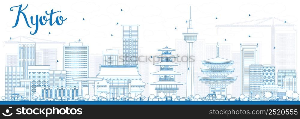 Outline Kyoto Skyline with Blue Landmarks. Vector illustration. Business Travel or Tourism Concept with Modern and Historic Buildings. Image for Presentation Banner Placard and Web Site.
