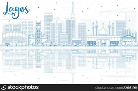 Outline Lagos Skyline with Blue Buildings and Reflections. Vector Illustration. Business Travel and Tourism Concept with Modern Architecture. Image for Presentation Banner Placard and Web Site.