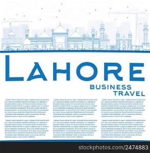 Outline Lahore Skyline with Blue Landmarks and Copy Space. Vector Illustration. Business Travel and Tourism Concept with Historic Buildings. Image for Presentation Banner Placard and Web.