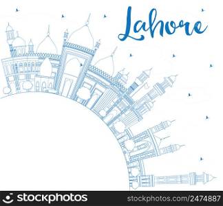 Outline Lahore Skyline with Blue Landmarks and Copy Space. Vector Illustration. Business Travel and Tourism Concept with Historic Buildings. Image for Presentation Banner Placard and Web.