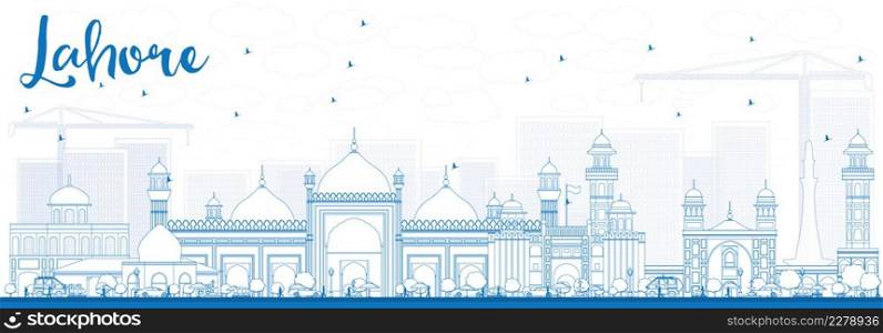 Outline Lahore Skyline with Blue Landmarks. Vector Illustration. Business Travel and Tourism Concept with Historic Buildings. Image for Presentation Banner Placard and Web.