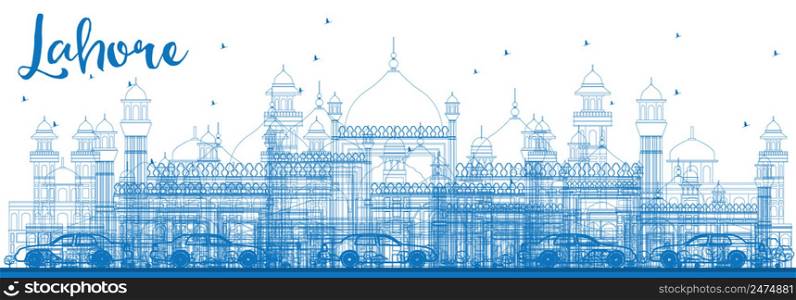 Outline Lahore Skyline with Blue Landmarks. Vector Illustration. Business Travel and Tourism Concept with Historic Architecture. Image for Presentation Banner Placard and Web.
