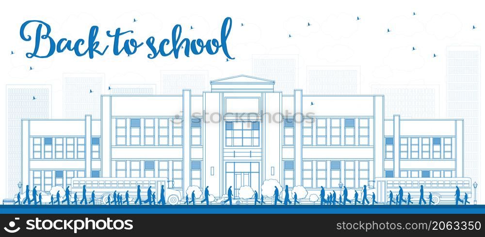 Outline Landscape with school bus, school building and people. Vector illustration