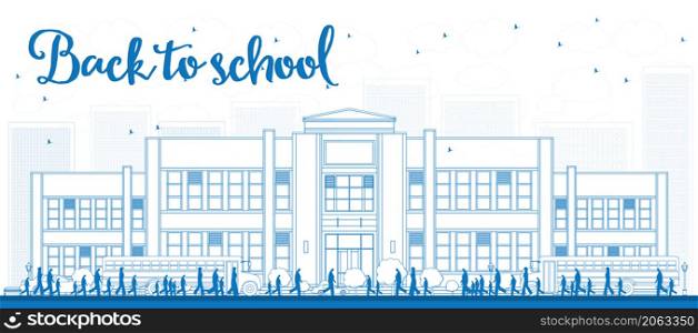 Outline Landscape with school bus, school building and people. Vector illustration