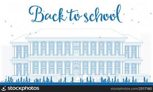 Outline Landscape with school bus, school building and people. Vector illustration. Education concept with part of city life.