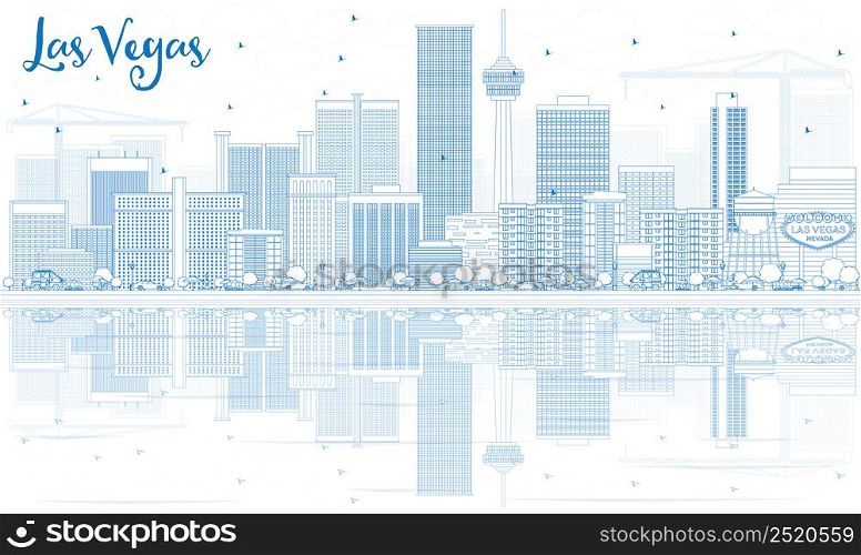 Outline Las Vegas Skyline with Blue Buildings and Reflections. Vector Illustration. Business Travel and Tourism Concept with Modern Architecture. Image for Presentation Banner Placard and Web Site.