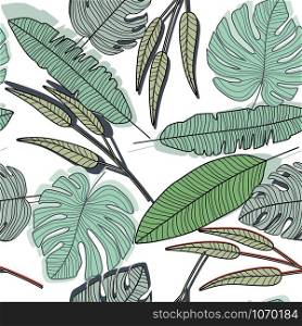 Outline leaves seamless pattern. Leaf endless wallpaper. Simple fabric design, wrapping paper. Vector illustration. Outline leaves seamless pattern. Leaf endless wallpaper.