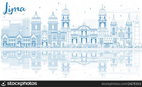 Outline Lima Skyline with Blue Buildings and Reflections. Vector Illustration. Business Travel and Tourism Concept. Image for Presentation Banner Placard and Web Site.