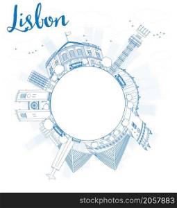 Outline Lisbon city skyline with blue buildings and copy space. Vector illustration
