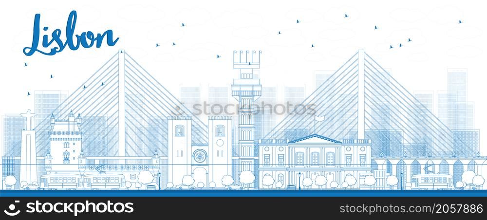 Outline Lisbon city skyline with blue buildings. Vector illustration