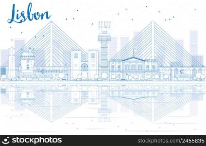 Outline Lisbon city skyline with blue buildings. Vector illustration. Business travel and tourism concept with place for text. Image for presentation, banner, placard and web site.
