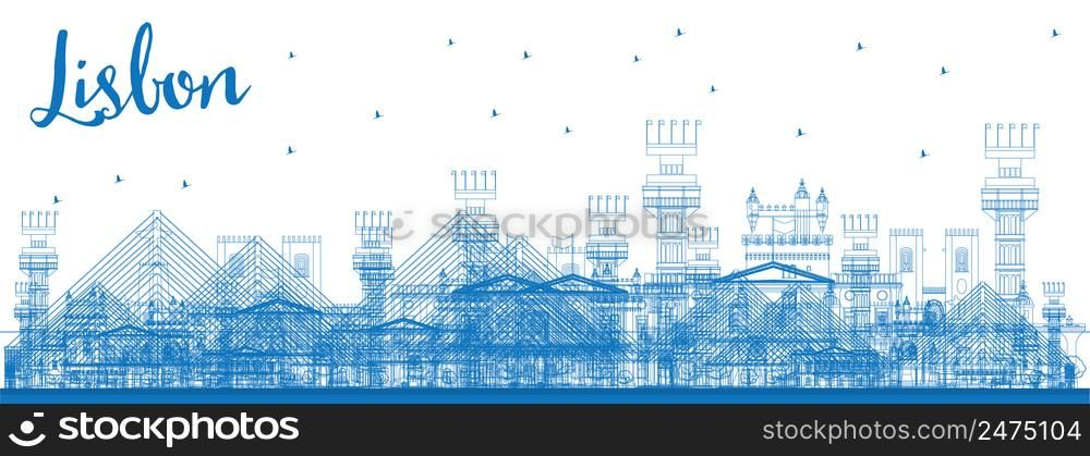 Outline Lisbon city skyline with blue buildings. Vector illustration. Business travel and tourism concept with historic buildings. Image for presentation, banner, placard and web site.