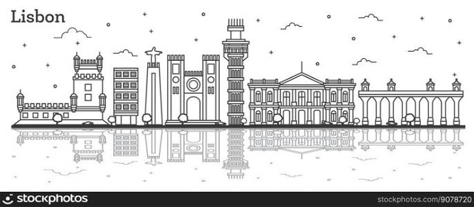 Outline Lisbon Portugal City Skyline with Historic Buildings and Reflections Isolated on White. Vector Illustration. Lisbon Cityscape with Landmarks.