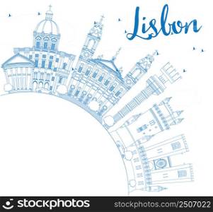 Outline Lisbon Skyline with Blue Buildings and Copy Space. Vector Illustration. Business Travel and Tourism Concept with Historic Buildings. Image for Presentation Banner Placard and Web Site.