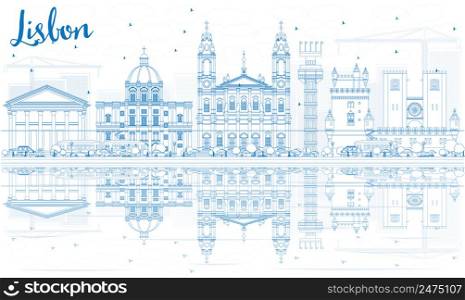 Outline Lisbon Skyline with Blue Buildings and Reflections. Vector Illustration. Business Travel and Tourism Concept with Historic Architecture. Image for Presentation Banner Placard and Web Site.