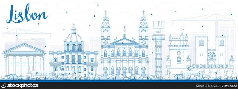 Outline Lisbon Skyline with Blue Buildings. Vector Illustration. Business Travel and Tourism Concept with Historic Buildings. Image for Presentation Banner Placard and Web Site.