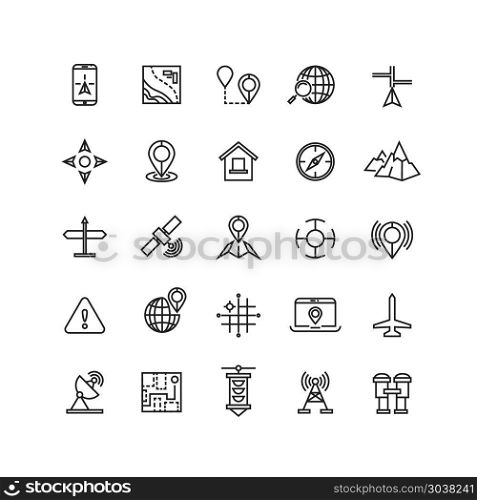 Outline location icons set. Outline location icons set. Location web and location with mobile phone or laptop. Vector illustration