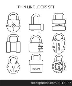 Outline lock icons set. Thin line locks. Outline or linear lock icon set isolated on white background, vector illustration