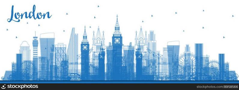 Outline London City Skyline with Blue Buildings. Vector Illustration.