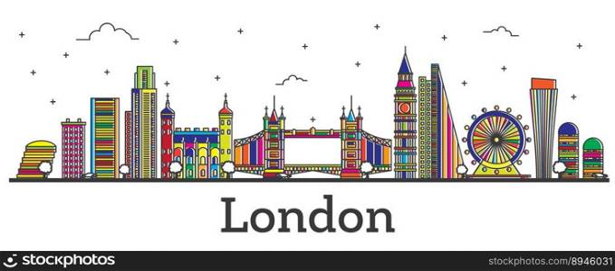 Outline London England City Skyline with Color Buildings Isolated on White. Vector Illustration. London Cityscape with Landmarks.