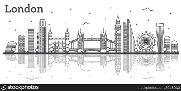 Outline London England City Skyline with Modern Buildings and Reflections Isolated on White. Vector Illustration. London Cityscape with Landmarks.