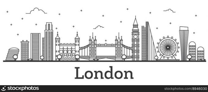 Outline London England City Skyline with Modern Buildings Isolated on White. Vector Illustration. London Cityscape with Landmarks.