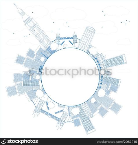 Outline London panorama with big ben and skyscrapers Vector illustration with place for text