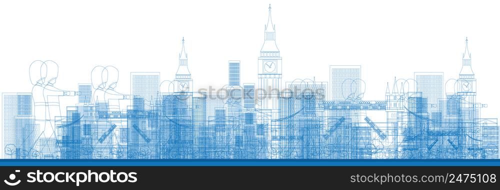 Outline London skyline with blue buildings and soldiers. Vector illustration. Business and tourism concept with skyscrapers. Image for presentation, banner, placard or web site