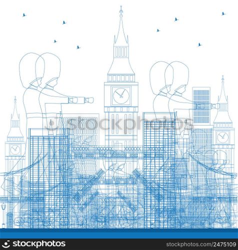 Outline London skyline with blue buildings and soldiers. Vector illustration. Business and tourism concept with skyscrapers. Image for presentation, banner, placard or web site