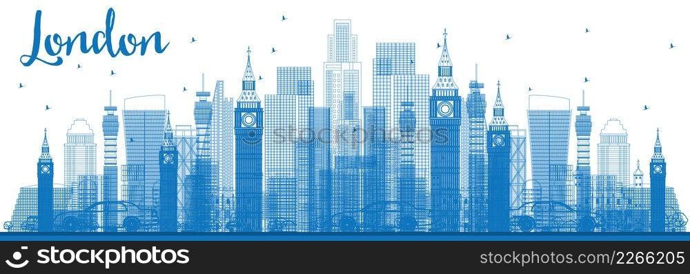 Outline London Skyline with Blue Buildings. Business Travel and Tourism Concept with Modern Architecture. Image for Presentation Banner Placard and Web Site.