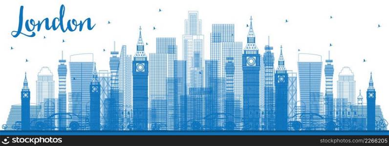 Outline London Skyline with Blue Buildings. Business Travel and Tourism Concept with Modern Architecture. Image for Presentation Banner Placard and Web Site.