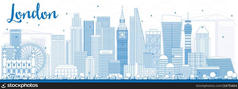 Outline London Skyline with Blue Buildings. Business Travel and Tourism Concept with Modern Buildings. Image for Presentation Banner Placard and Web Site.