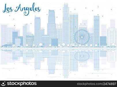 Outline Los Angeles skyline with blue buildings and reflections. Vector illustration. Business travel and tourism concept with place for text. Image for presentation, banner, placard and web site.
